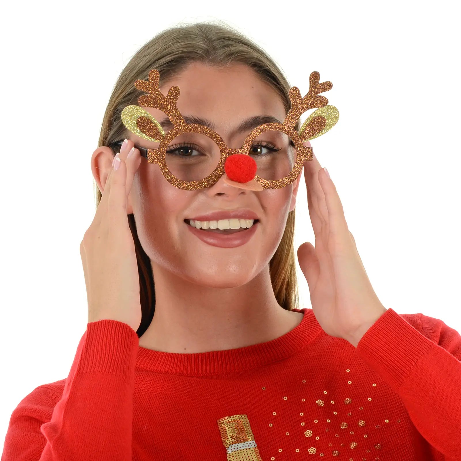 model wears brown glasses shaped like reindeer antlers featuring glitter finish and red pom pom nose